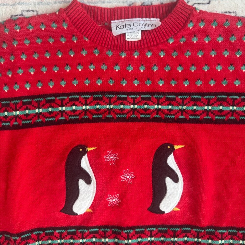 Vintage Kate Collins Holiday Sweater Embroidered Penguins - size Small - Picture 2 of 3